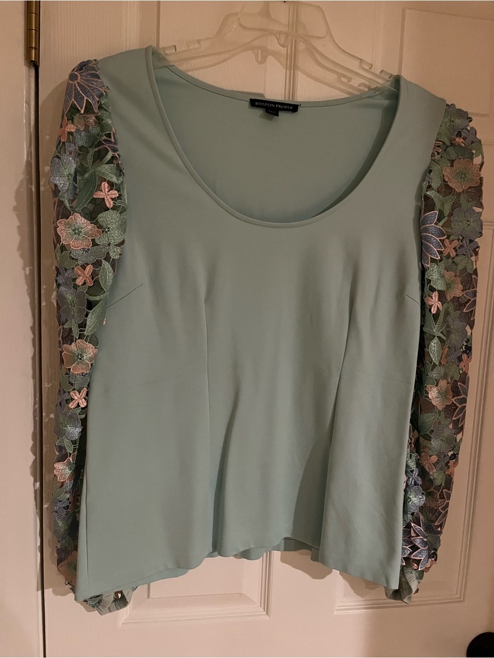 Boston Proper Mint Green Top with Floral Lace Sleeves